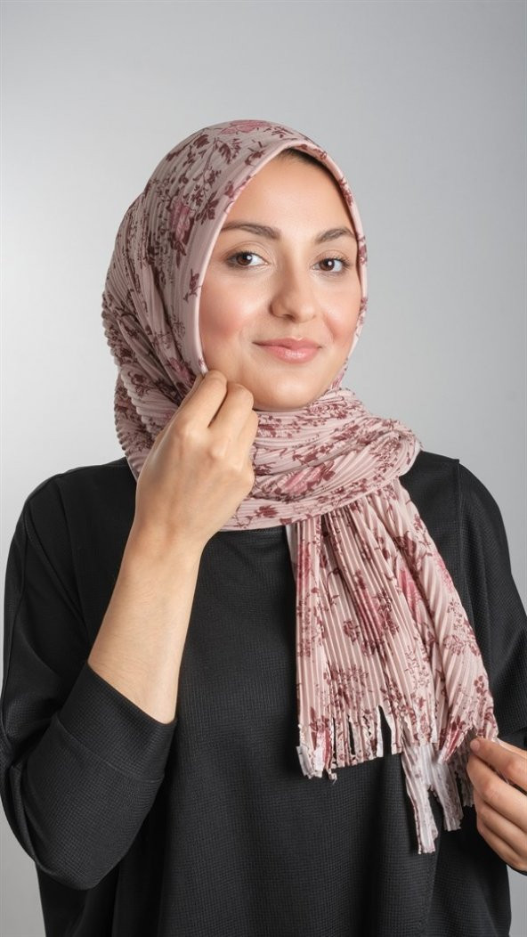 Bej Pratik Hazır Geçmeli Tesettür Eşarp Kesik Elyaf Piliseli Çiçek Desenli 1818D6_12 - 4