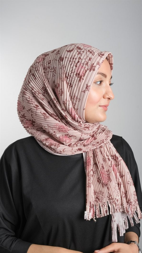 Bej Pratik Hazır Geçmeli Tesettür Eşarp Kesik Elyaf Piliseli Çiçek Desenli 1818D6_12 - 5