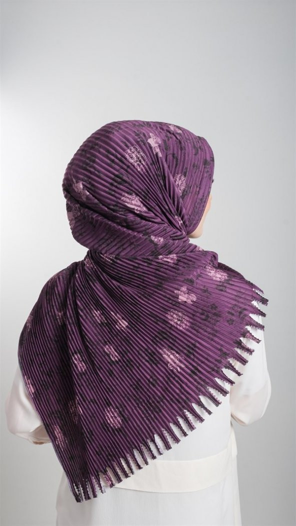 Mürdüm Pratik Hazır Geçmeli Tesettür Eşarp Kesik Elyaf Piliseli Çiçek Desenli 1818D6_07 - 3