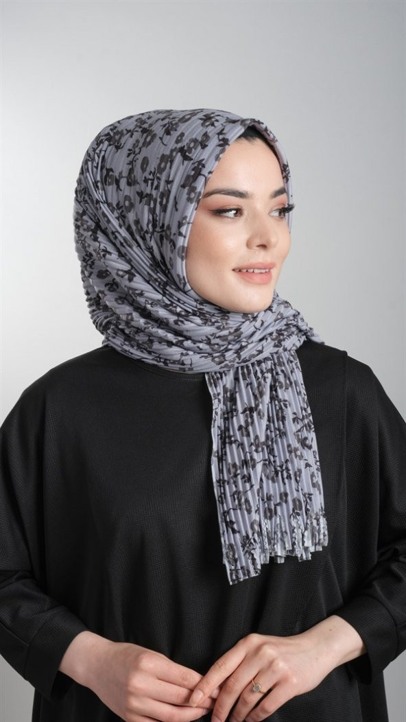 Gri Pratik Hazır Geçmeli Tesettür Eşarp Kesik Elyaf Piliseli Çiçek Desenli 1818D7_15 - 2