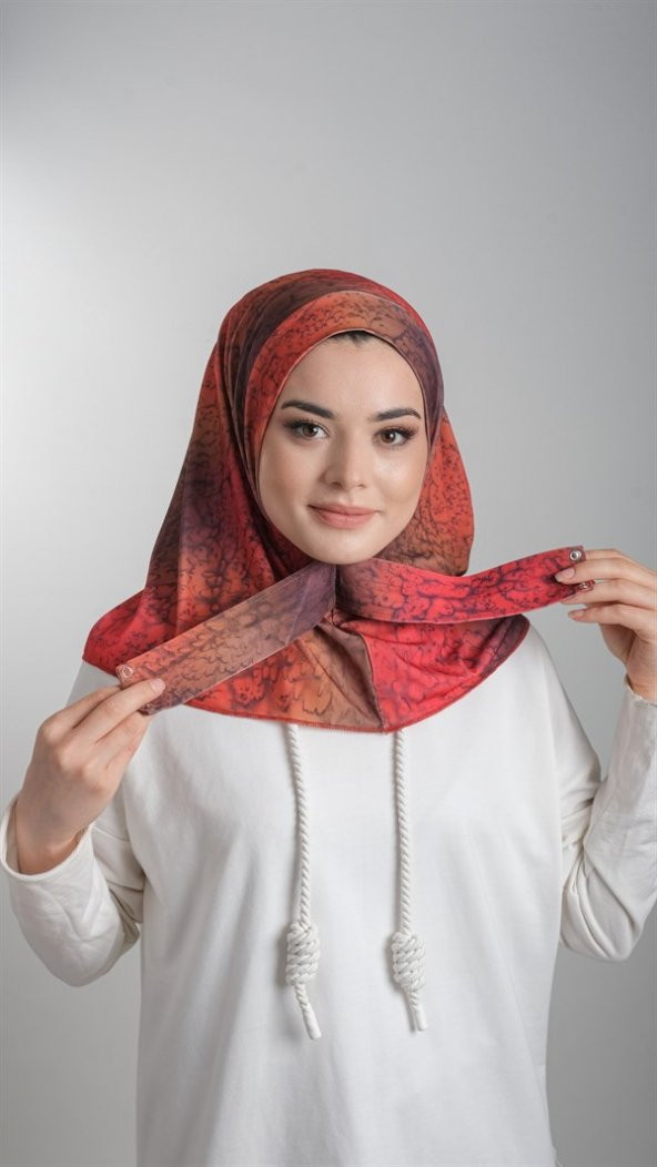 Kırmızı Pratik Hazır Geçmeli Tesettür Bone Sandy Kumaş Batik Desenli 2101D_31