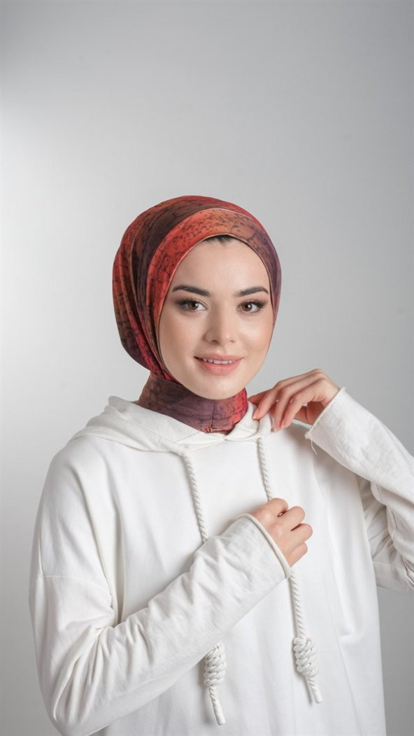 Kırmızı Pratik Hazır Geçmeli Tesettür Bone Sandy Kumaş Batik Desenli 2101D_31 - 2