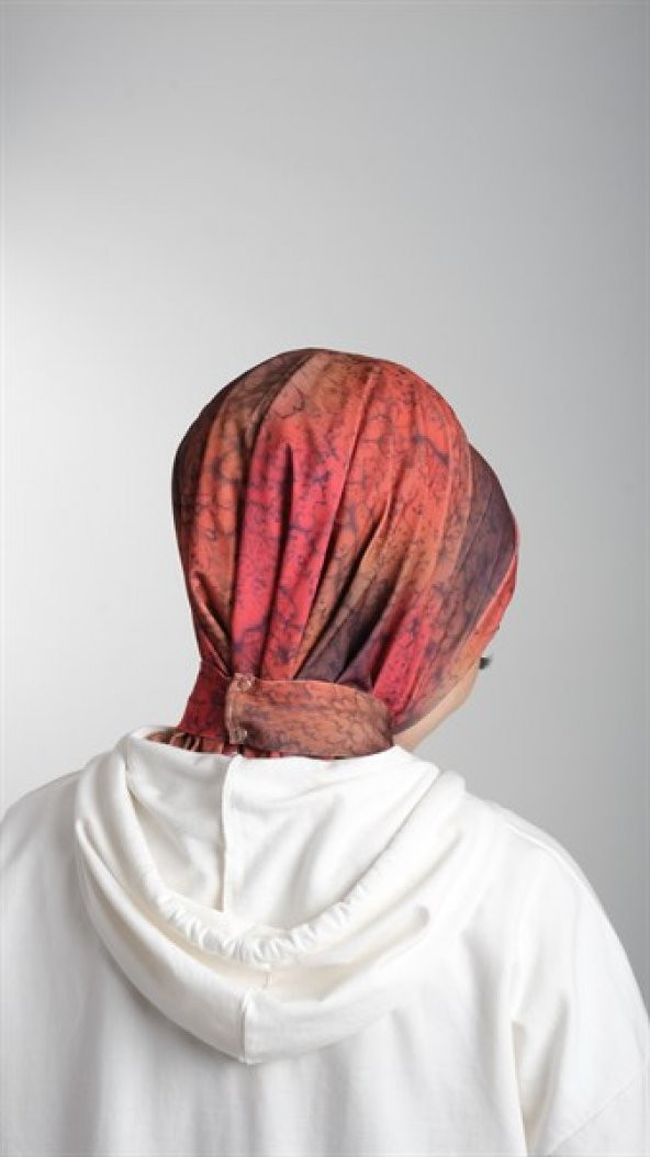 Kırmızı Pratik Hazır Geçmeli Tesettür Bone Sandy Kumaş Batik Desenli 2101D_31 - 4