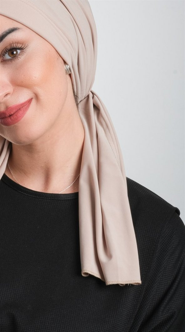 Bej Pratik Hazır Geçmeli Tesettür Bone Kesik Elyaf Sade 2111_12 - 1