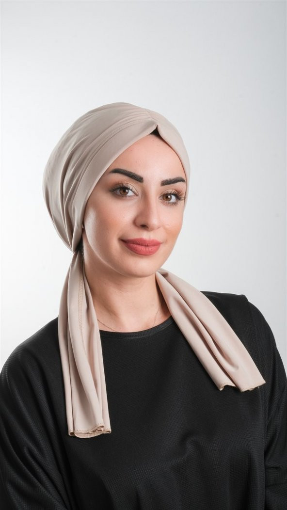Bej Pratik Hazır Geçmeli Tesettür Bone Kesik Elyaf Sade 2111_12 - 2