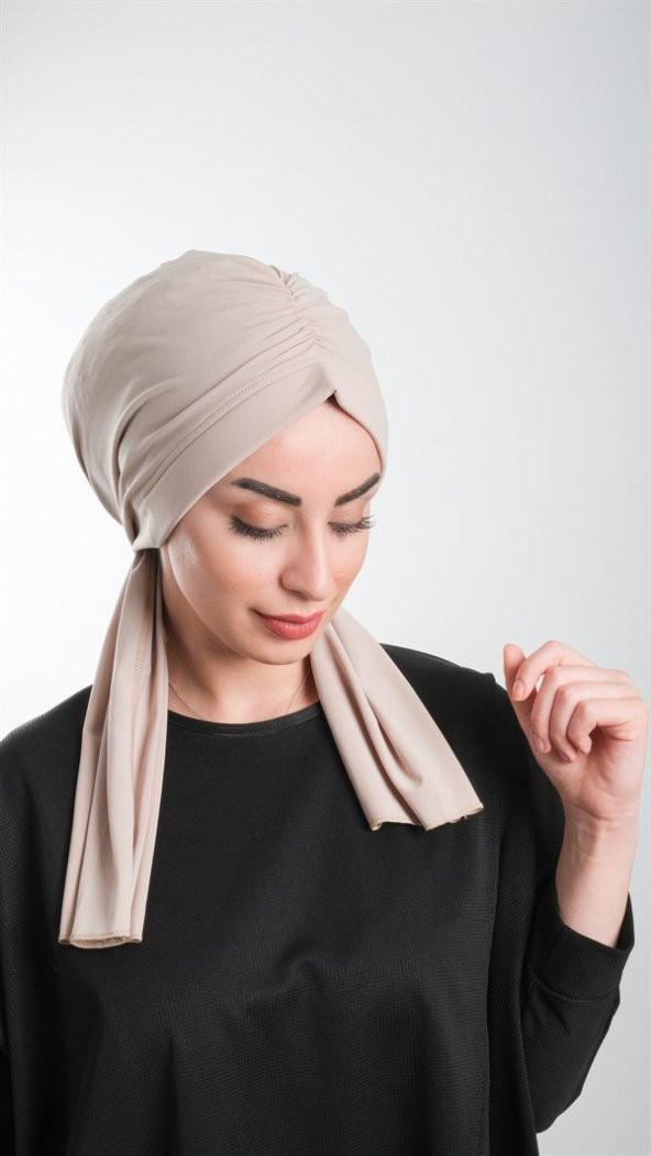 Bej Pratik Hazır Geçmeli Tesettür Bone Kesik Elyaf Sade 2111_12 - 3