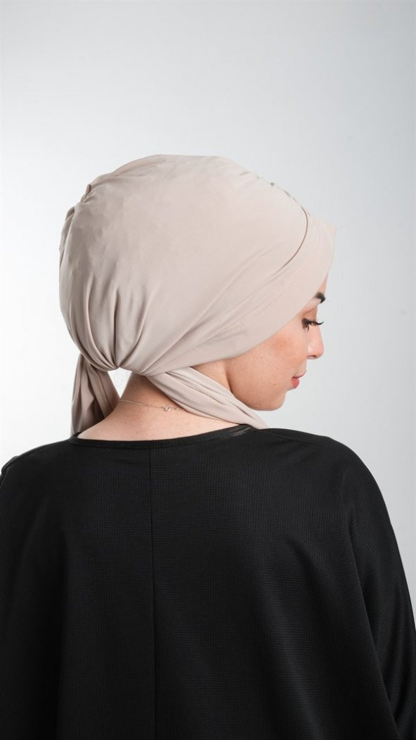 Bej Pratik Hazır Geçmeli Tesettür Bone Kesik Elyaf Sade 2111_12 - 4