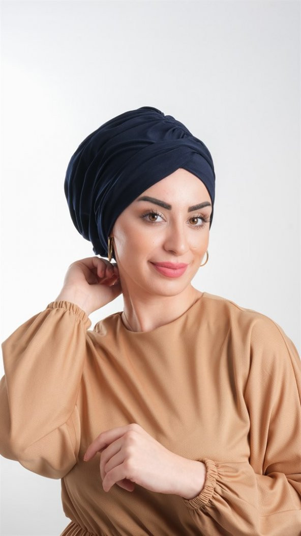 Lacivert Pratik Hazır Geçmeli Tesettür Bone Sandy Kumaş Büzgülü 2114_02