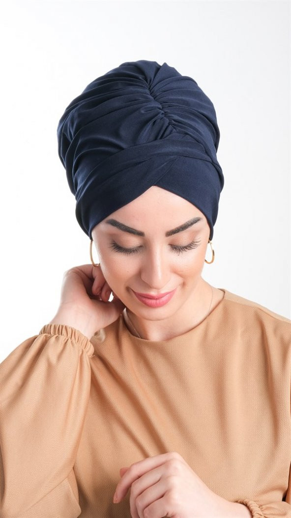 Lacivert Pratik Hazır Geçmeli Tesettür Bone Sandy Kumaş Büzgülü 2114_02 - 2