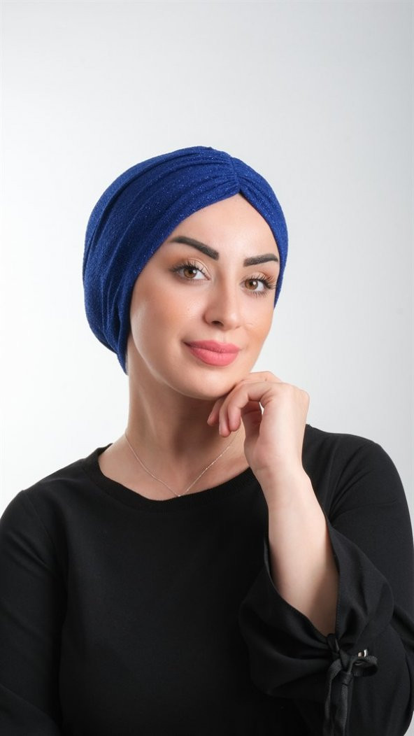 Saks Mavisi Pratik Hazır Geçmeli Tesettür Bone Fukuro Simli Büzgülü 2116_24 - 1
