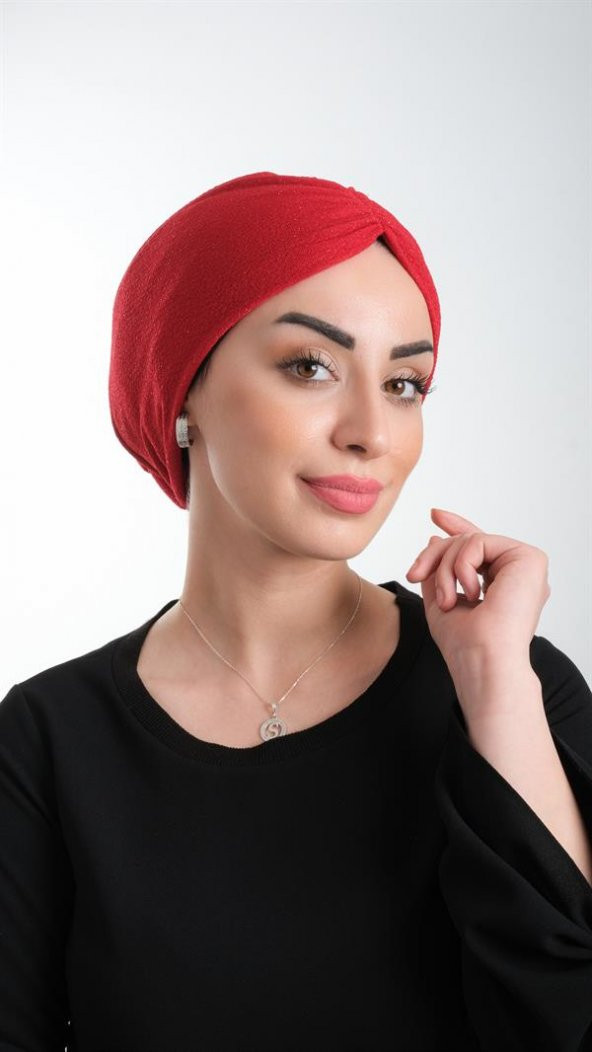 Kırmızı Pratik Hazır Geçmeli Tesettür Bone Fukuro Simli Büzgülü 2116_31