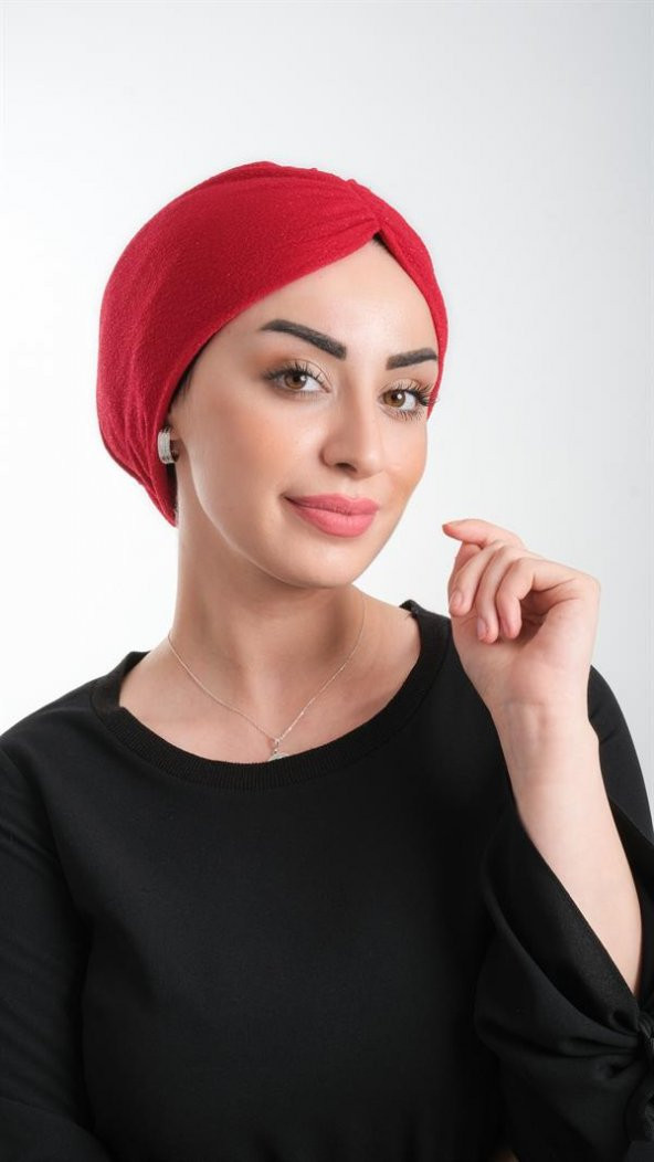 Kırmızı Pratik Hazır Geçmeli Tesettür Bone Fukuro Simli Büzgülü 2116_31 - 2