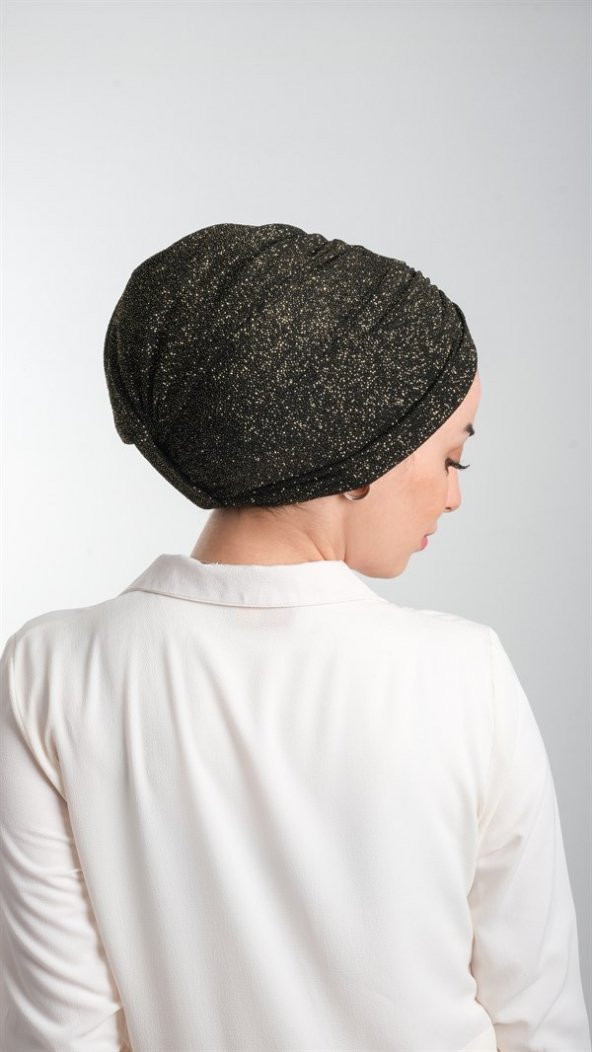 Siyah-Gold Pratik Hazır Geçmeli Tesettür Bone Fukuro Simli Büzgülü 2116_102 - 3