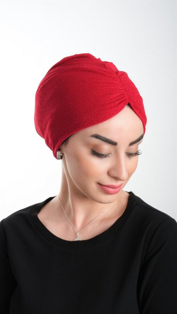 Kırmızı Pratik Hazır Geçmeli Tesettür Bone Fukuro Simli Büzgülü 2116_31 - 3