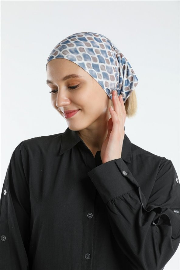 Lacivert Pratik Hazır Geçmeli Tesettür Bone Sandy Kumaş Geometrik 2117_02 - 2