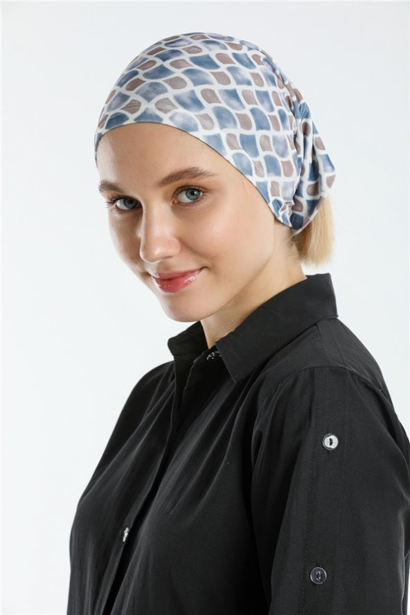 Lacivert Pratik Hazır Geçmeli Tesettür Bone Sandy Kumaş Geometrik 2117_02 - 9