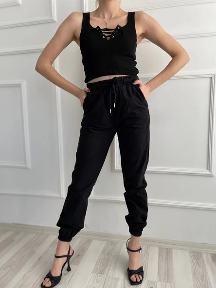 Kadın Beli Tünelli Pantolon Siyah - Resim 5