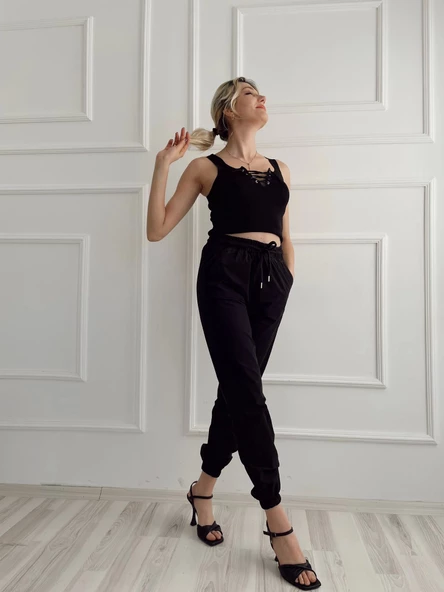 Kadın Beli Tünelli Pantolon Siyah - Resim 4