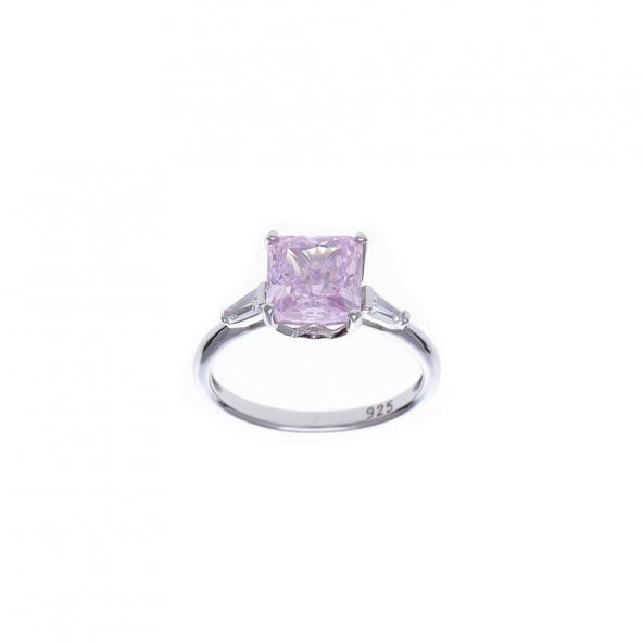 8 mm  Kare Pembe Zirkon Taşlı 925 Ayar Gümüş Tektaş Kadın Yüzük - 2