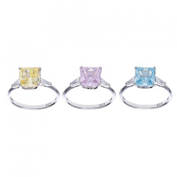 8 mm  Kare Pembe Zirkon Taşlı 925 Ayar Gümüş Tektaş Kadın Yüzük - 4
