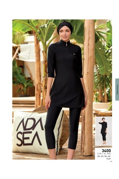 Adasea Anda 3400 Siyah Diresk Kol Fermar Detaylı Yarı Kapalı Battal Tesettür Mayo - Resim 5