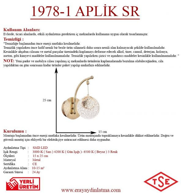 Eray Aydınlatma 1978-1 Aplik Sarı - Resim 2