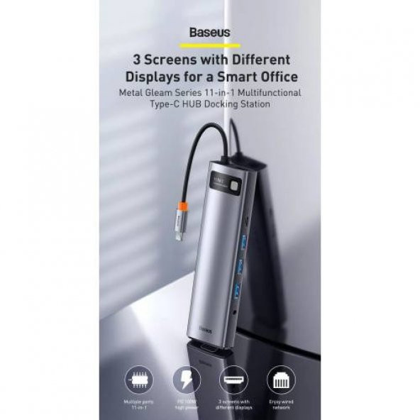 BASEUS 11in1 100W Type C Çoğaltıcı Çevirici Adaptör, 3xUSB, 2x HDMİ, 1x RJ45, 1x VGA, 1x3.5MM - 2
