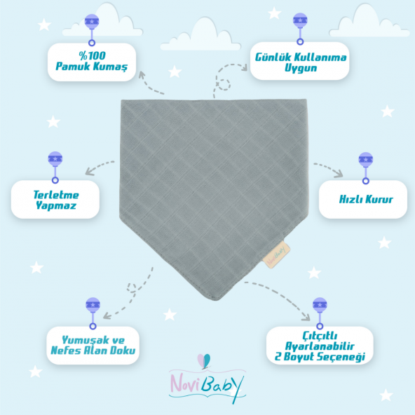 Novibaby Müslin Bebek Fular Önlük  Latte  Mama Önlüğü Salya Bezi Ağız Mendili Bandana 30x30cm - 2