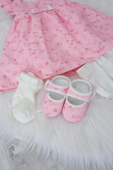 Patik Bandana Çorap Külot Kız Bayramlık Elbise Kutulu 5'li Set Pembe 11727 - 3