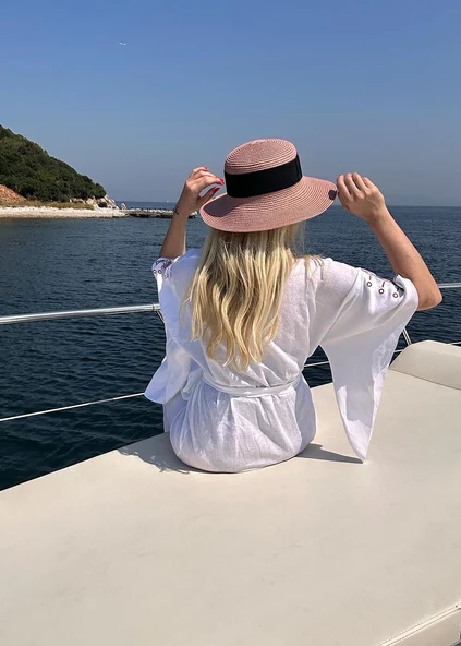 Kimono - Nakışlı Beyaz %100 Keten Plaj Elbisesi - 4