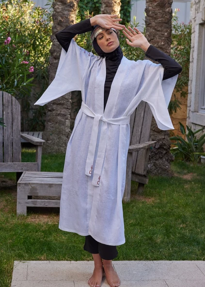 Kimono - Nakışlı Beyaz %100 Keten Plaj Elbisesi - 9