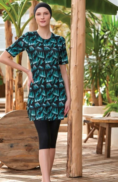 Maresiva Afşin 8084 Kısa Kol Lycralı Dijital Desen Tesettür Havuz Mayo - Resim 2