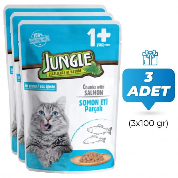 Jungle Pouch Somon Parçalı Yetişkin Kedi Konservesi 100 Gr (3 Adet)