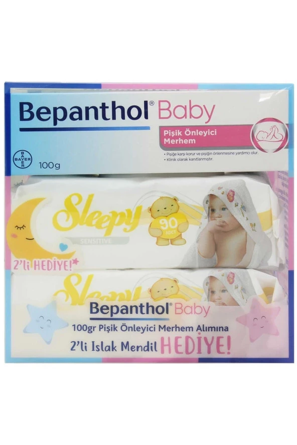 Bepanthol Baby Pişik Önleyici Merhem 100 Gr- Sleepy Sensitive Islak Havlu 90lı 2 Adet Hediye