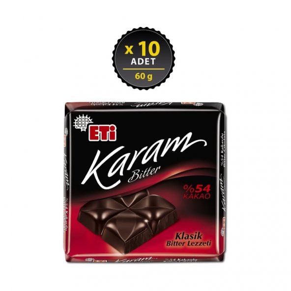 Eti Karam 54 Kakaolu Bitter Çikolata 60 g x 10 Adet