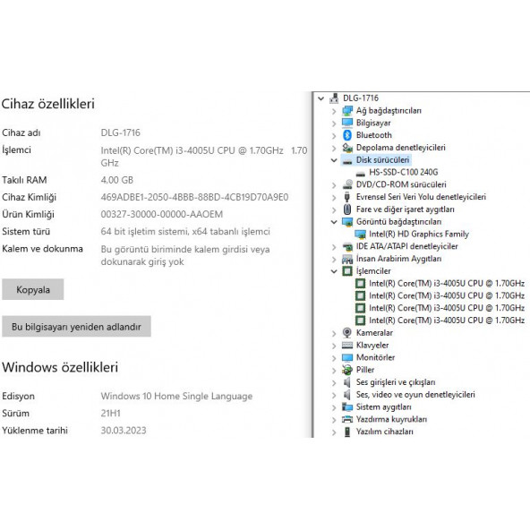HP 250 G3 İKİNCİ EL Intel Core i3 4005U 4GB 240 GB SSD 15.6" HD - 10
