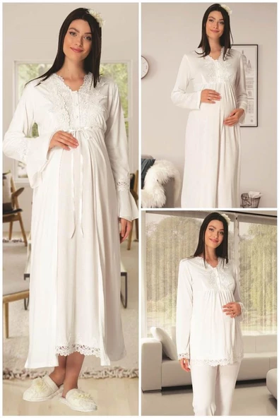 Carpediem LR 1519 Bayan Ekru 4 Parça Hamile Lohusa Gecelik Seti ürün görseli