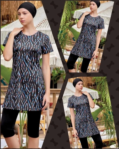 Rozamay Belle  9087 Kısa Kol Lycralı Dijital Desen Tesettür Havuz Mayo - Resim 4