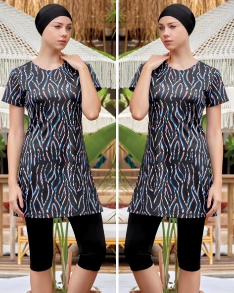 Rozamay Belle  9087 Kısa Kol Lycralı Dijital Desen Tesettür Havuz Mayo - Resim 3