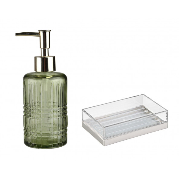 ZBOSP-C361 YEŞİL CAM SIVI SABUNLUK VE AKRİLİK SABUNLUK 2 Lİ BANYO SETİ - Resim 2