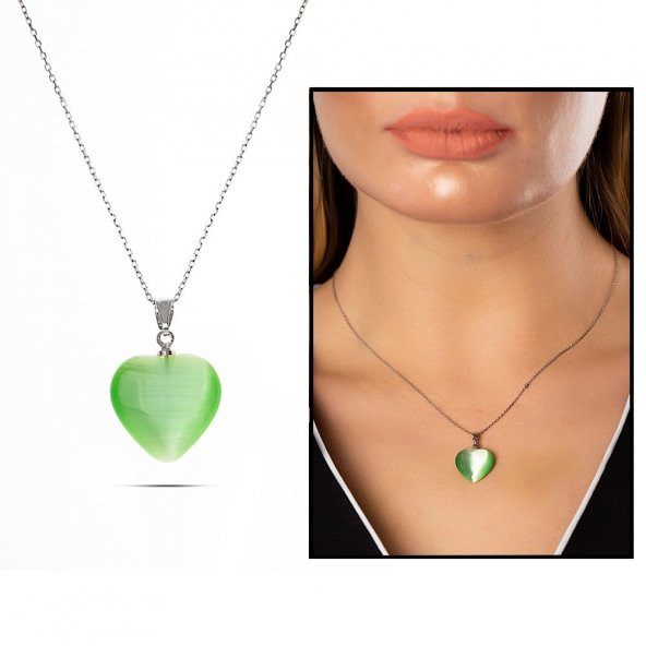 Kalp Tasarım 925 Ayar Gümüş Zincirli Çift Taraflı Fıstık Yeşil Kedigözü Kolye