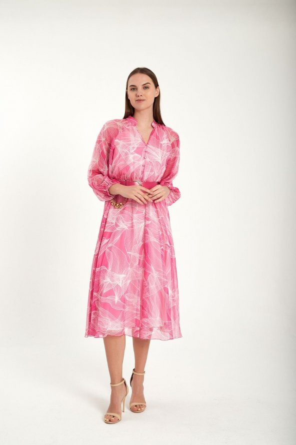 Modatalika Kadın Düğmeli Desenli Şifon Midi Elbise