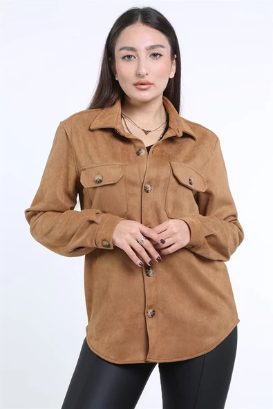 İntersivin Unisex Taba Cepli Normal Kalıp Sevgili Ceket Gömlekleri - 7