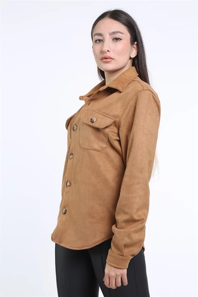 İntersivin Unisex Taba Cepli Normal Kalıp Sevgili Ceket Gömlekleri - 6