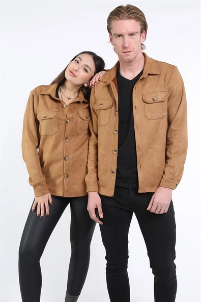 İntersivin Unisex Taba Cepli Normal Kalıp Sevgili Ceket Gömlekleri