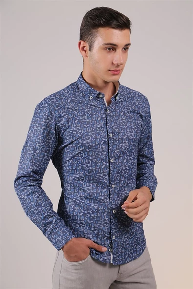 İntersivin Erkek Lacivert Slim Fit Uzun Kollu Pamuklu Gömlek