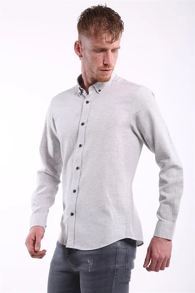 İntersivin Erkek Düz Gri %100 Pamuklu Slim Fit Gömlek - 2