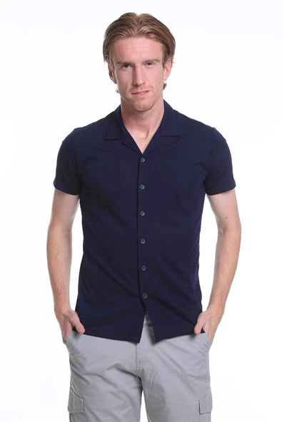 İntersivin Erkek Lacivert Kısa Kollu Slim Fit Gömlek