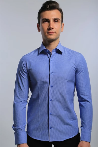 İntersivin Erkek Slim Fit Koyu Mavi Uzun Kollu Gömlek