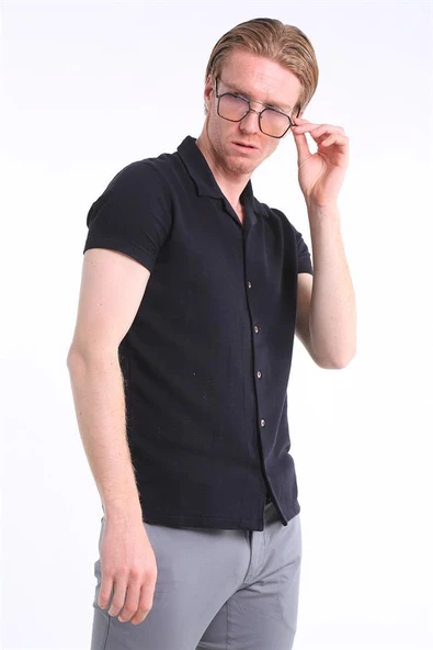 İntersivin Slim Fit Siyah %100 Pamuk Kısa Kollu Erkek Gömlek